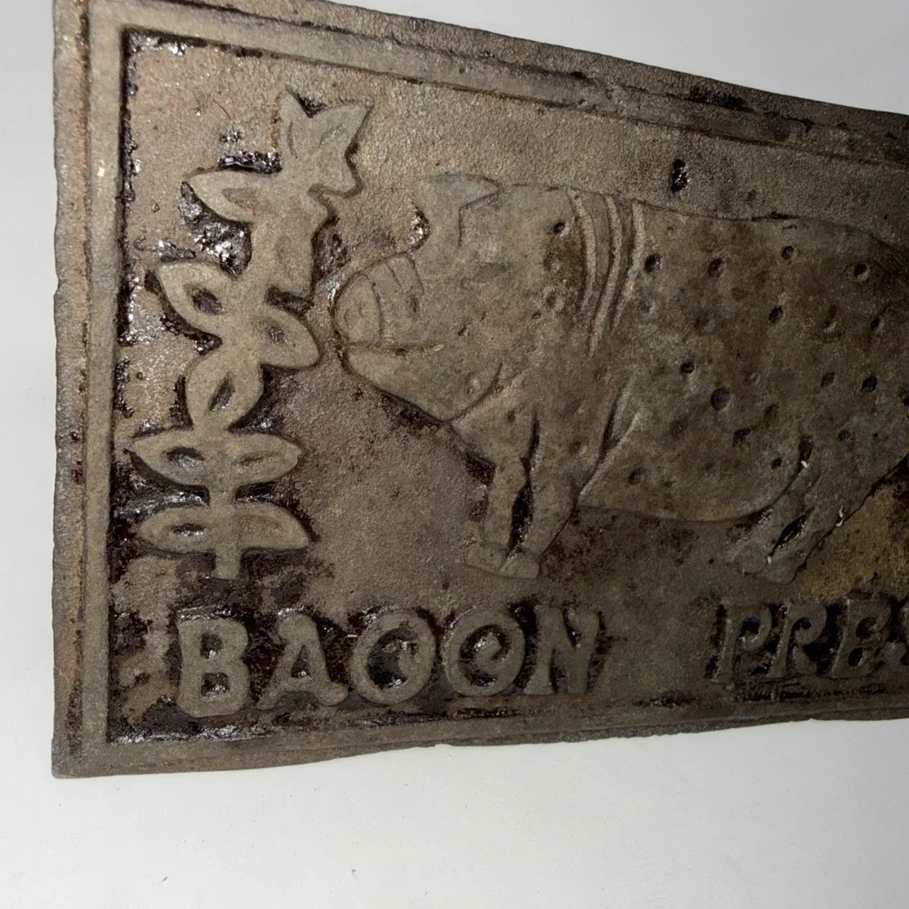 Vintage Cast Iron Bacon Press Wood Handle Embossed Pig 7X4 Inch Residue Areas